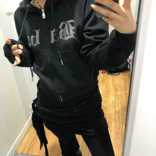 Glitter Lettering Loose Fit Oversized Zip-Up Hoodie