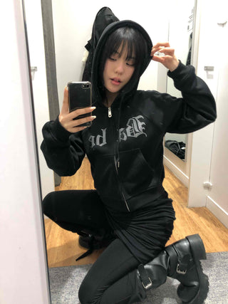 Glitter Lettering Loose Fit Oversized Zip-Up Hoodie