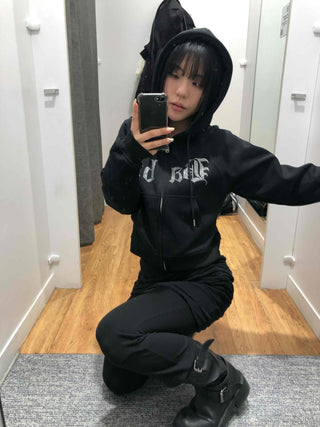 Glitter Lettering Loose Fit Oversized Zip-Up Hoodie