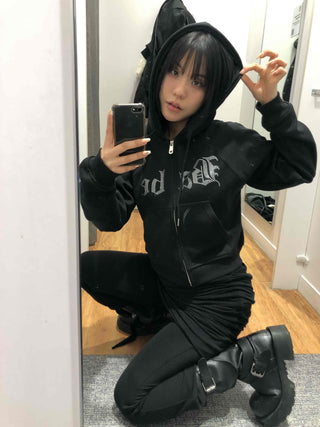 Glitter Lettering Loose Fit Oversized Zip-Up Hoodie