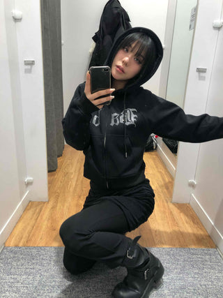 Glitter Lettering Loose Fit Oversized Zip-Up Hoodie