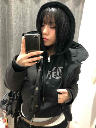 Glitter Lettering Loose Fit Oversized Zip-Up Hoodie