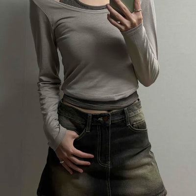 Slim Fit Long Sleeve T-Shirt with Striped Neckline Detail