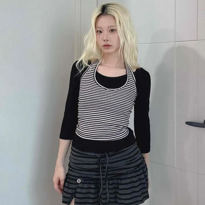 Layered Slim Round Neck Striped Sleeveless