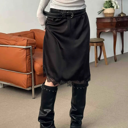 Studded Belt Set Lace Trimmed Satin Midi Skirt