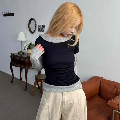 Campus Layered Color Block Round Long Sleeve T-shirt