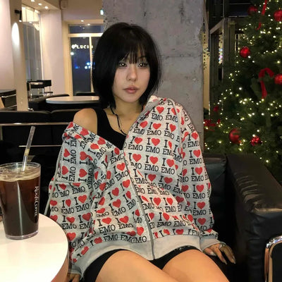 EMO Heart Graphic All-Over Print Zip-Up