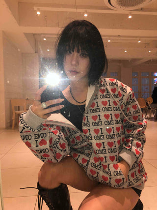 EMO Heart Graphic All-Over Print Zip-Up