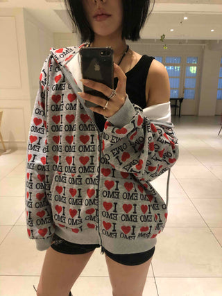 EMO Heart Graphic All-Over Print Zip-Up