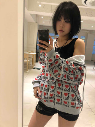 EMO Heart Graphic All-Over Print Zip-Up