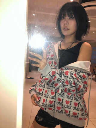EMO Heart Graphic All-Over Print Zip-Up