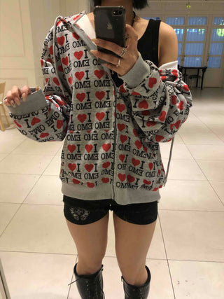 EMO Heart Graphic All-Over Print Zip-Up
