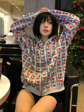 EMO Heart Graphic All-Over Print Zip-Up