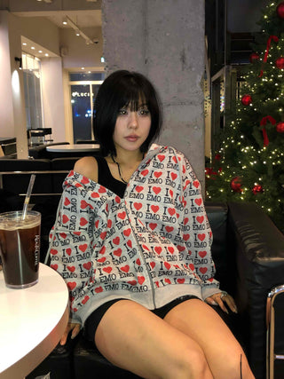 EMO Heart Graphic All-Over Print Zip-Up