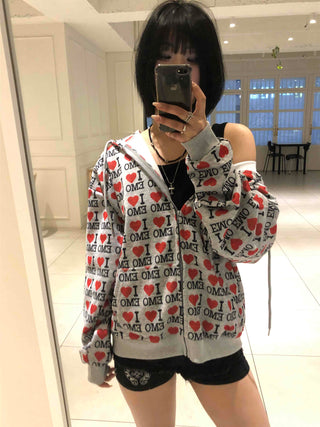 EMO Heart Graphic All-Over Print Zip-Up