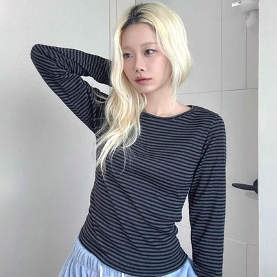 Modern Basic Horizontal Stripe Border Crew Neck Long Sleeve Tee