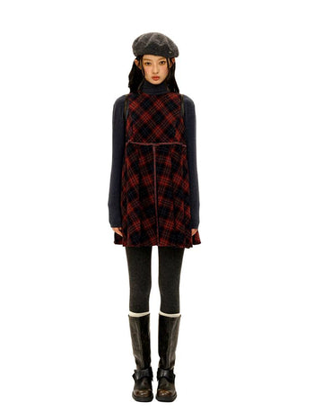 [Moromoro2] Wool Plaid Pleated Bow Vest  Dress