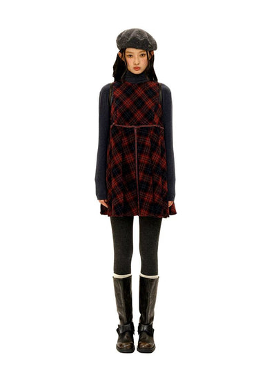 [Moromoro2] Wool Plaid Pleated Bow Vest  Dress