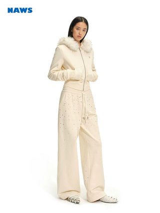 [NOTAWEAR] Fur Collar Hooded Zip-Up  Sweatshirt