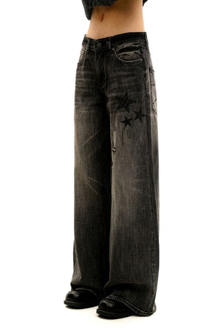 [Moromoro2] Star Plaid Patchwork Wide Leg  Jeans