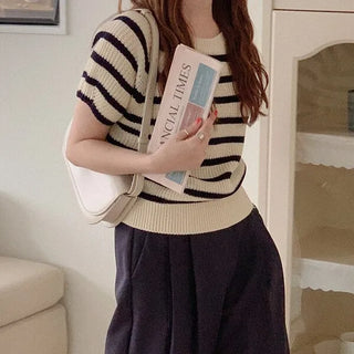 Striped short-sleeved knit top