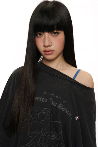 [Moromoro2] Washed Bow Graffiti Rhinestone Oversized  Tee