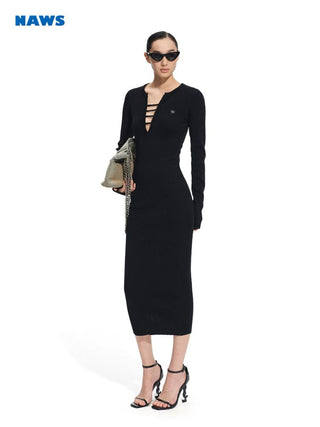 [NOTAWEAR] Deep V-Neck Long Sleeve Dress