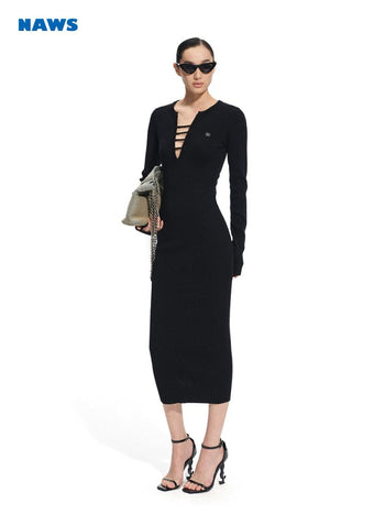 [NOTAWEAR] Deep V-Neck Long Sleeve Dress