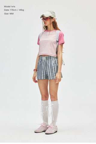 [Monterest] Lace Trim Striped Relaxed Shorts
