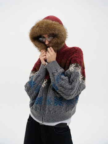[MASONPRINCE] Fair Isle Fur Hood Wool Blend Cardigan