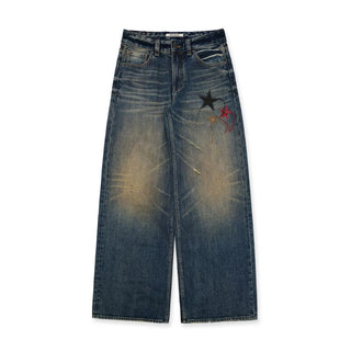 [Moromoro2] Star Plaid Patch Washed Straight  Jeans
