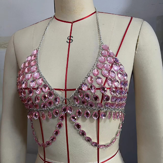 Pink v neck metal chain o ring halter top