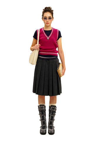[Moromoro2] Linen Satin Plaid Pleated Skirt