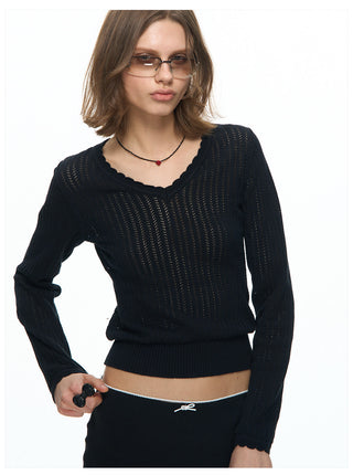 [NECY] Wavy Black Ribbed Slim Knit