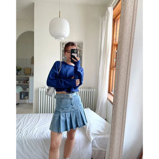 Belted denim pleated skirt