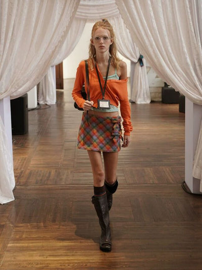 [Moromoro2] Wool Plaid Bow Mini Skirt
