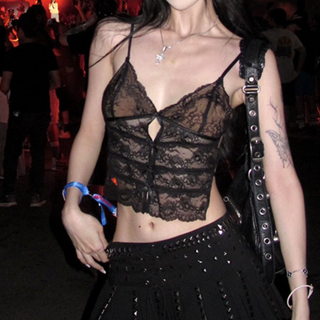 Hollow out v neck lace hem self tie cami cut out top