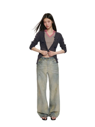 [Moromoro2] Washed Pleated Wide Leg Jeans