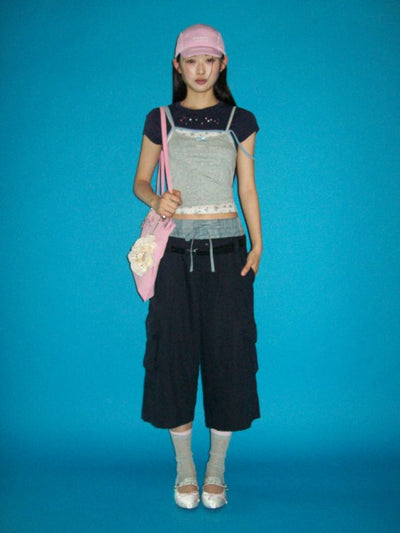 [moromoro2] Detachable Drawstring Waist Layered-Look  Shorts