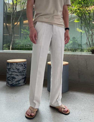 Boyfriend Look Linen Semi-Wide Fit Elastic Waist Slacks (3 colors)