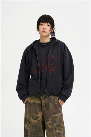 [MASONPRINCE] Boxy-Fit Hooded Zip-Up Cardigan