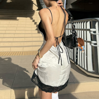 Lace hem v neck print backless cami mini dress