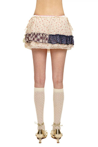 [Moromoro2] Patchwork Ruffle Floral Mini  Skirt