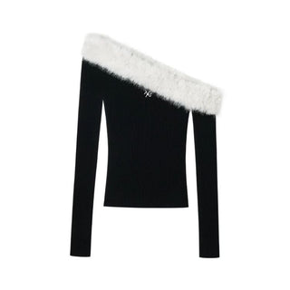 [NOTAWEAR] Fur Trim Off-Shoulder Knit Top
