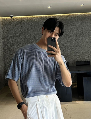 Flowy striped short-sleeved T-shirt (cool fabric)