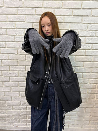 [NeverSeez] Padded PU Leather Trench Coat