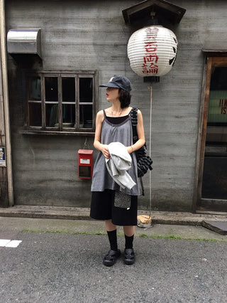 Striped, bordered, two-tone long sleeveless top