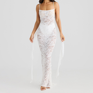 Square neck lace flower applique midi dress