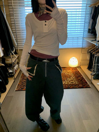 [NEVERSEEZ] Lyocell Wool Blend Henley Long Sleeve Tee