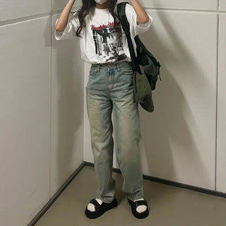 Loose-fitting photo print short-sleeved T-shirt